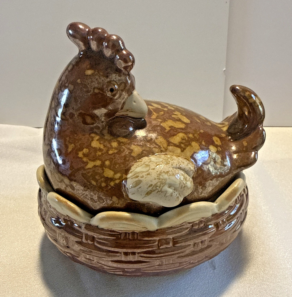 Vintage Brown Ceramic Hen on Nest Figurine Trinket Box Farmhouse Decor 4.5"